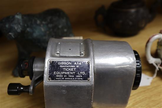 A Gibson A14 London bus ticket machine and a Swedish AB Almex ticket machine, both in fitted leather cases